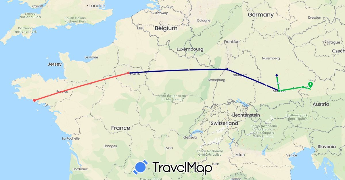 TravelMap itinerary: driving, bus, hiking in Austria, Germany, France (Europe)